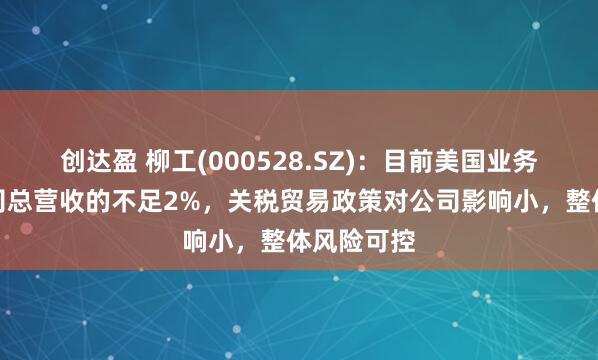 创达盈 柳工(000528.SZ)：目前美国业务收入占公司总营收的不足2%，关税贸易政策对公司影响小，整体风险可控